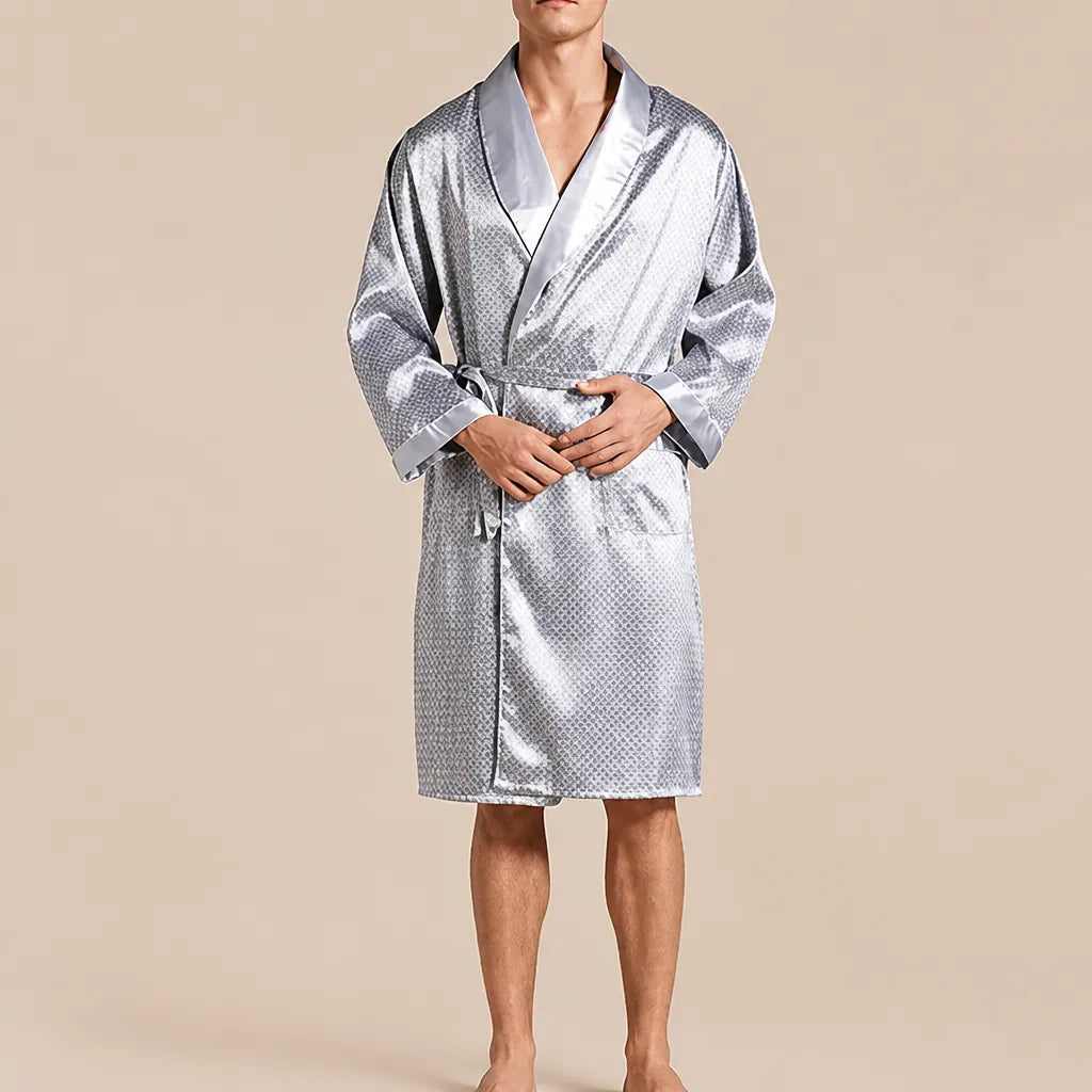 La boutique du peignoir Peignoir Homme Luxe - Kimono en Satin, Gris Perle à Pois