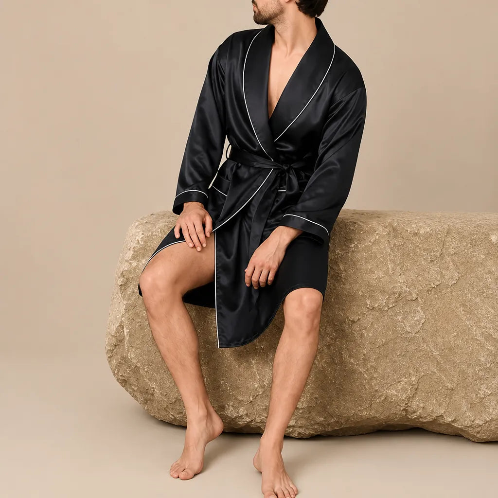 La boutique du peignoir Peignoir Homme Luxe - Kimono en Satin, Noir à Liseré Blanc