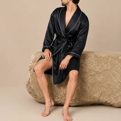 La boutique du peignoir Peignoir Homme Luxe - Kimono en Satin, Noir à Liseré Blanc