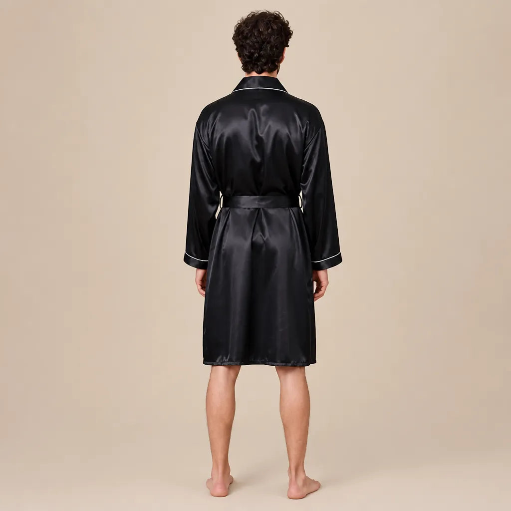 La boutique du peignoir Peignoir Homme Luxe - Kimono en Satin, Noir à Liseré Blanc