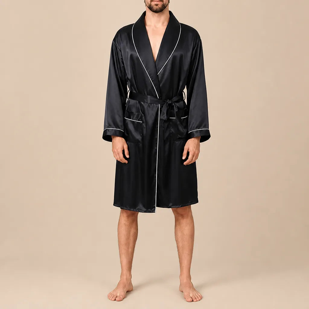 La boutique du peignoir Peignoir Homme Luxe - Kimono en Satin, Noir à Liseré Blanc