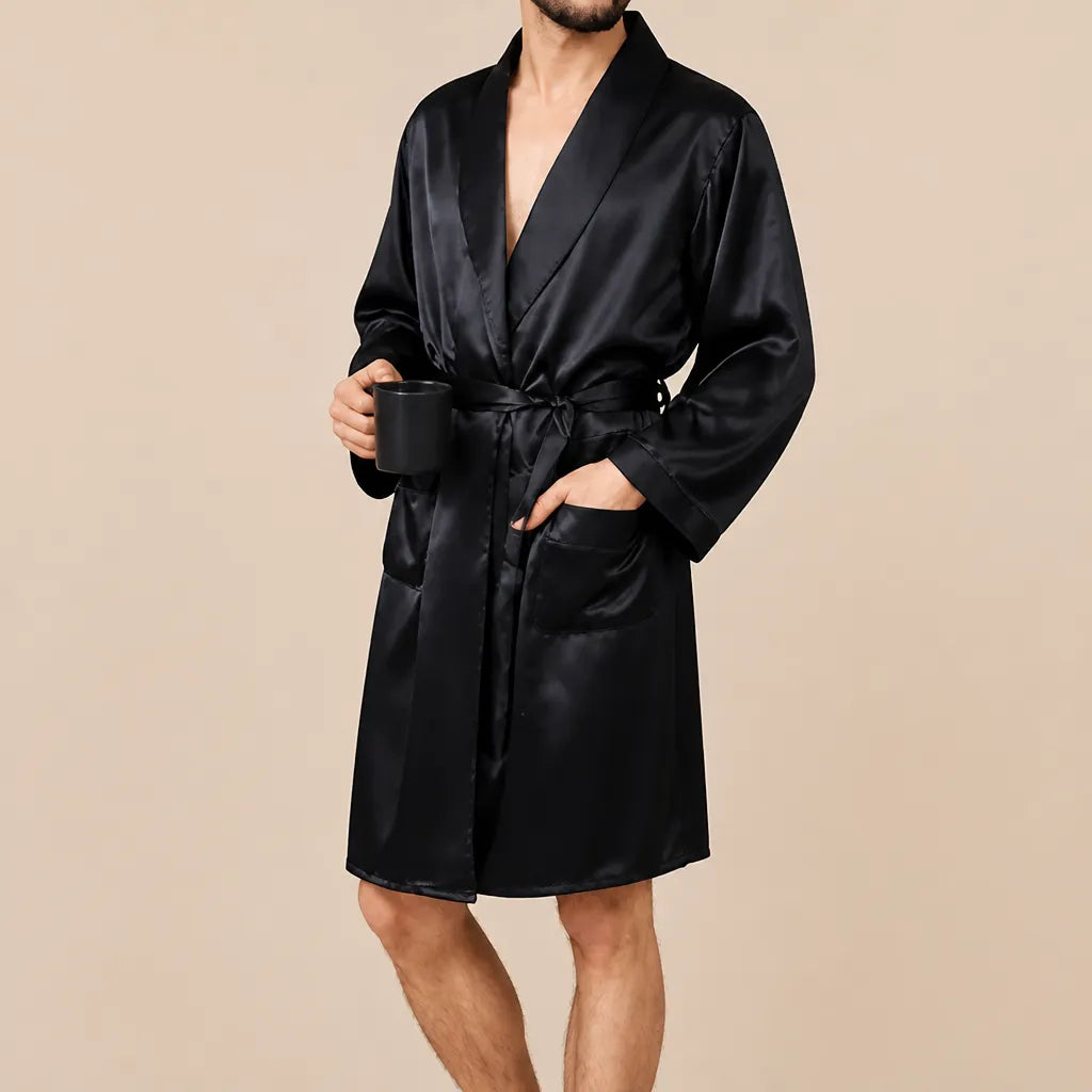 La boutique du peignoir Peignoir Homme Luxe - Kimono en Satin, Noir Uni