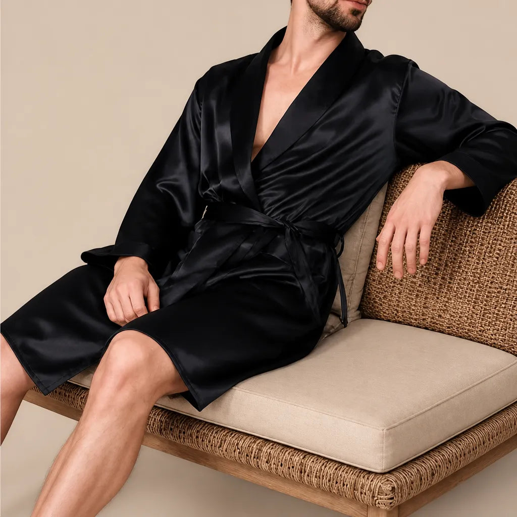 La boutique du peignoir Peignoir Homme Luxe - Kimono en Satin, Noir Uni