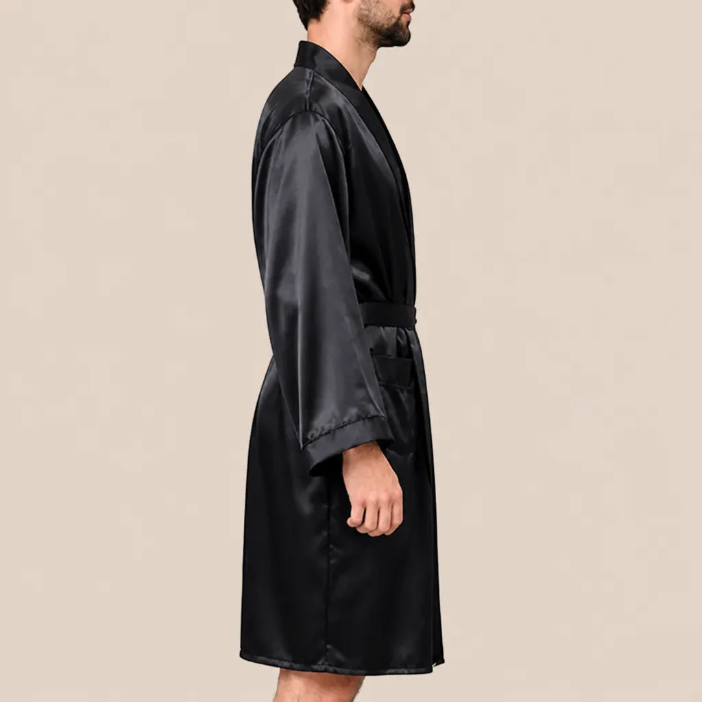 La boutique du peignoir Peignoir Homme Luxe - Kimono en Satin, Noir Uni