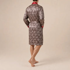 La boutique du peignoir Peignoir Homme Luxe - Kimono en Satin, Taupe à Motifs Col Rouge