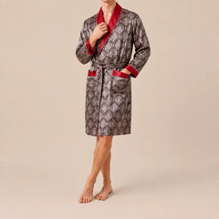La boutique du peignoir Peignoir Homme Luxe - Kimono en Satin, Taupe à Motifs Col Rouge