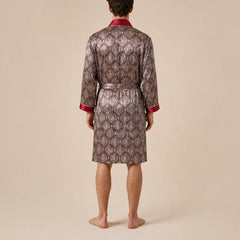 La boutique du peignoir Peignoir Homme Luxe - Kimono en Satin, Taupe à Motifs Col Rouge