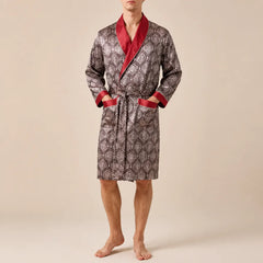 La boutique du peignoir Peignoir Homme Luxe - Kimono en Satin, Taupe à Motifs Col Rouge