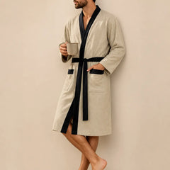 La boutique du peignoir Peignoir Homme Nid d'Abeille - Kimono à Bordure Noire, Beige Sable