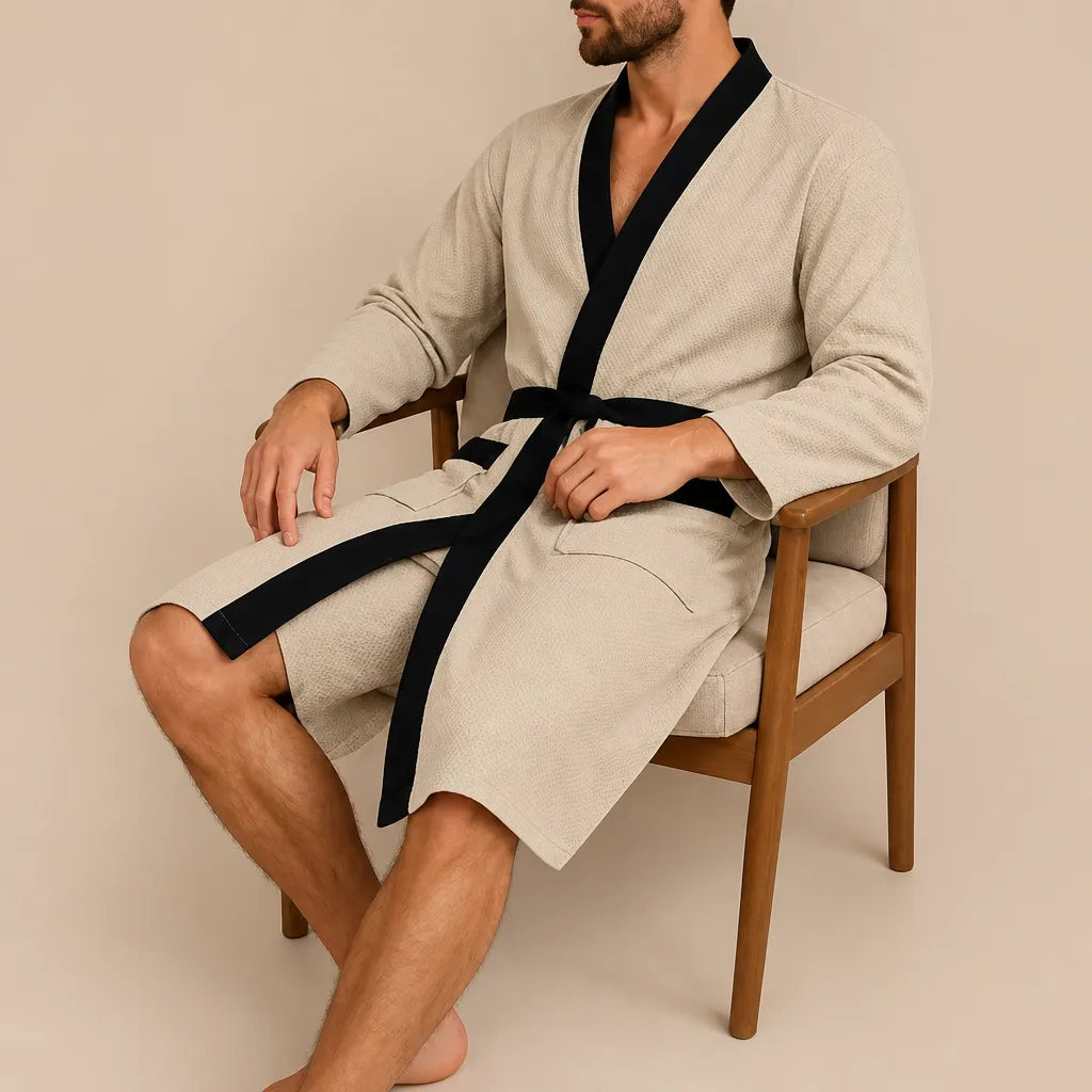 La boutique du peignoir Peignoir Homme Nid d'Abeille - Kimono à Bordure Noire, Beige Sable