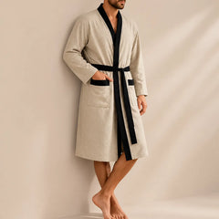 La boutique du peignoir Peignoir Homme Nid d'Abeille - Kimono à Bordure Noire, Beige Sable