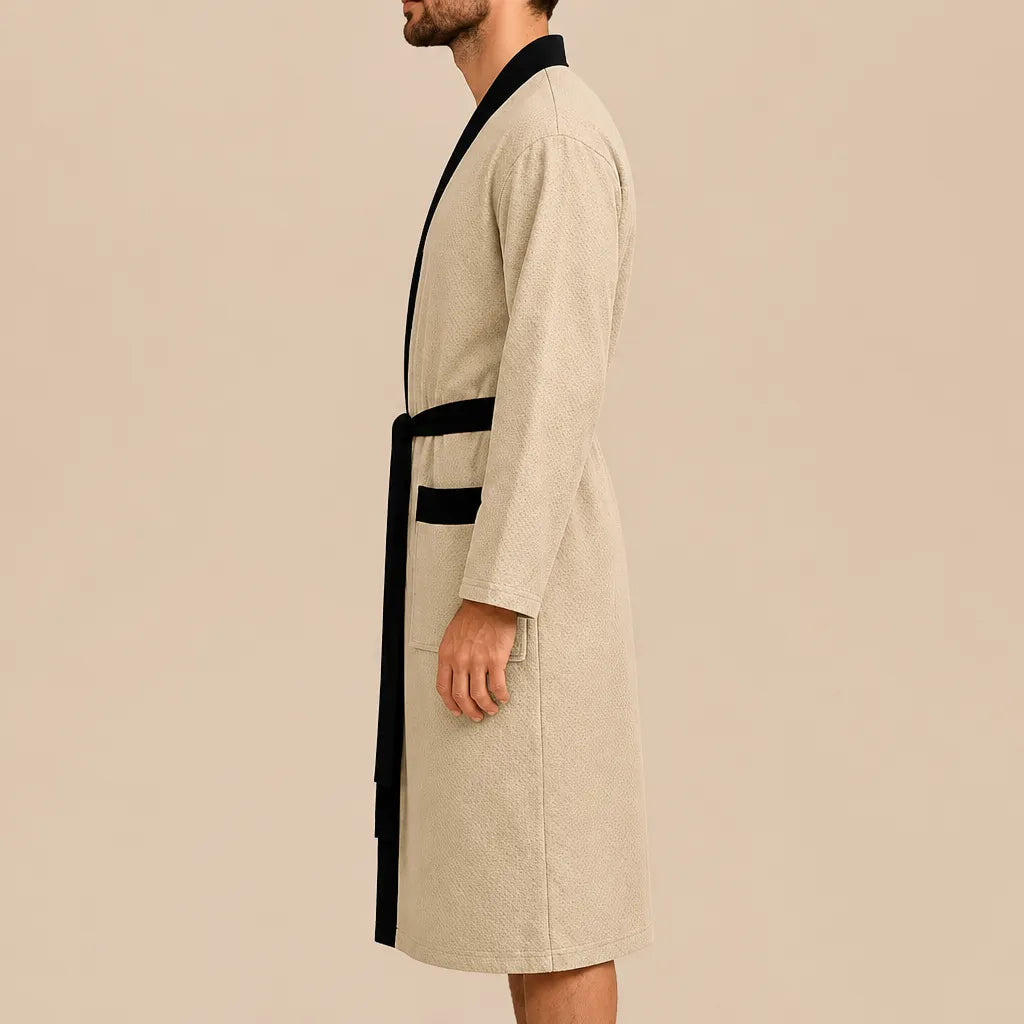 La boutique du peignoir Peignoir Homme Nid d'Abeille - Kimono à Bordure Noire, Beige Sable