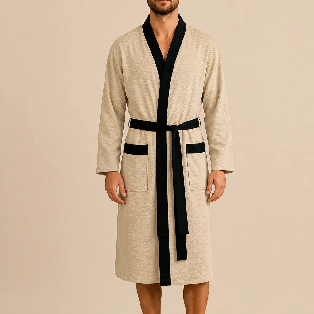 La boutique du peignoir Peignoir Homme Nid d'Abeille - Kimono à Bordure Noire, Beige Sable