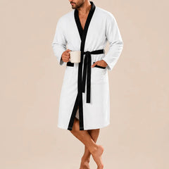 La boutique du peignoir Peignoir Homme Nid d'Abeille - Kimono à Bordure Noire, Blanc