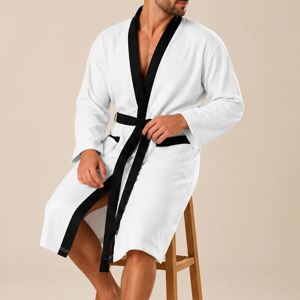 La boutique du peignoir Peignoir Homme Nid d'Abeille - Kimono à Bordure Noire, Blanc