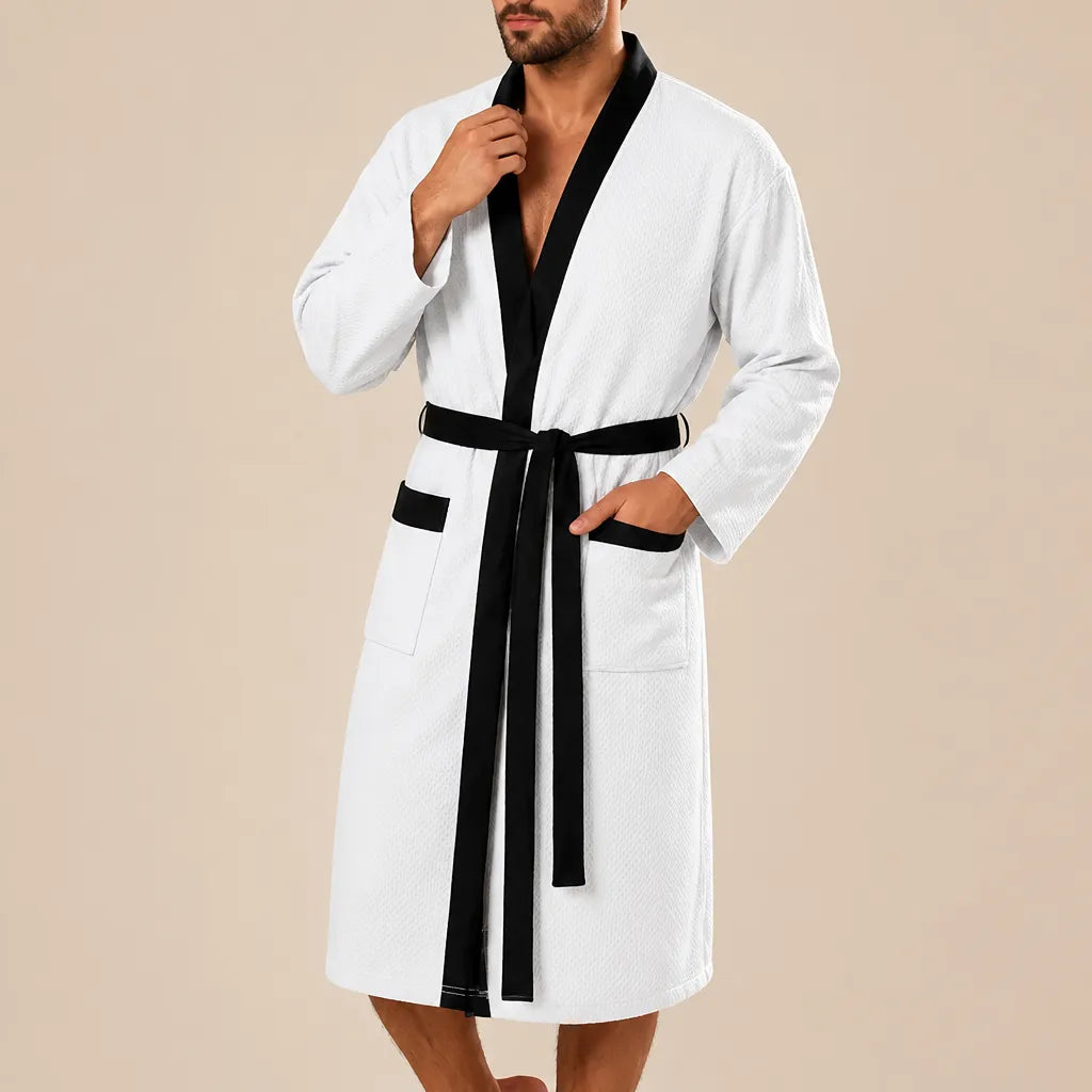 La boutique du peignoir Peignoir Homme Nid d'Abeille - Kimono à Bordure Noire, Blanc