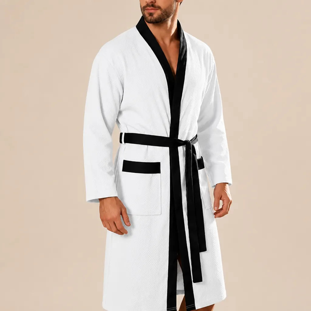 La boutique du peignoir Peignoir Homme Nid d'Abeille - Kimono à Bordure Noire, Blanc