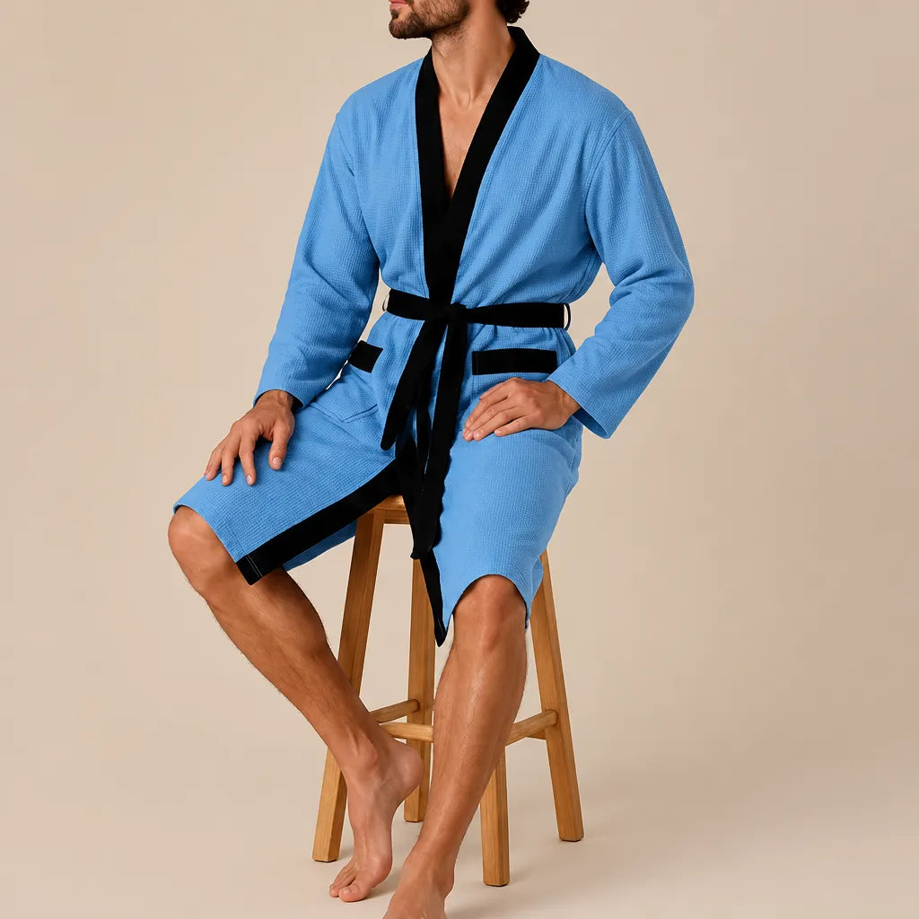La boutique du peignoir Peignoir Homme Nid d'Abeille - Kimono à Bordure Noire, Bleu Ciel