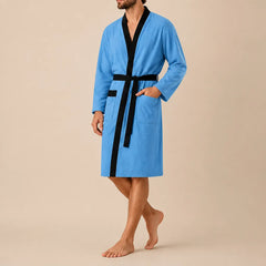 La boutique du peignoir Peignoir Homme Nid d'Abeille - Kimono à Bordure Noire, Bleu Ciel