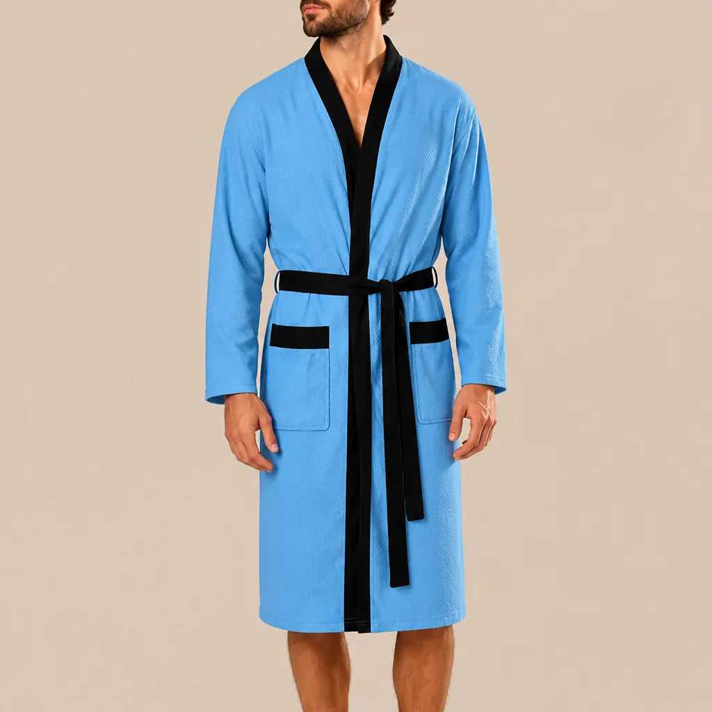 La boutique du peignoir Peignoir Homme Nid d'Abeille - Kimono à Bordure Noire, Bleu Ciel