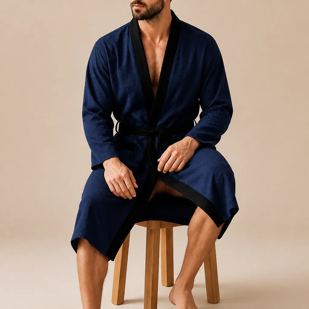 La boutique du peignoir Peignoir Homme Nid d'Abeille - Kimono à Bordure Noire, Bleu Marine