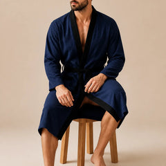 La boutique du peignoir Peignoir Homme Nid d'Abeille - Kimono à Bordure Noire, Bleu Marine
