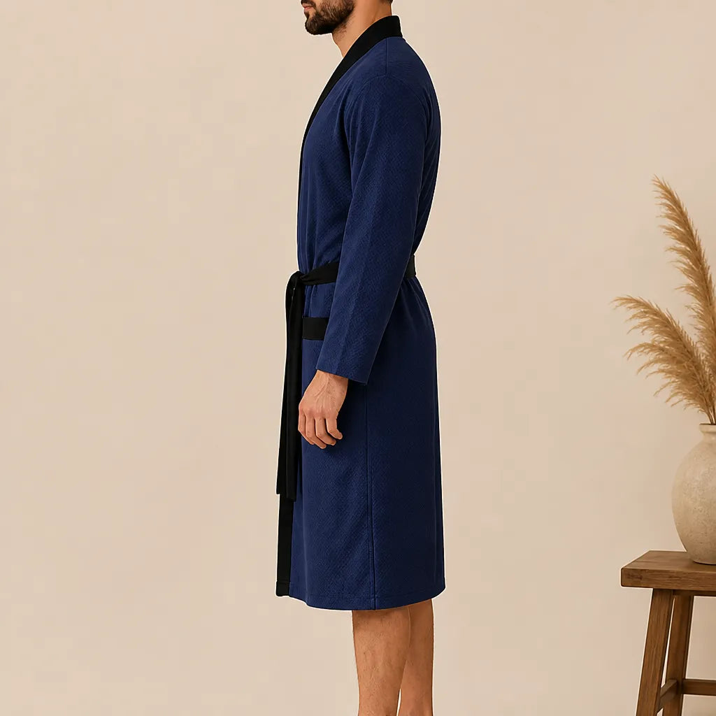 La boutique du peignoir Peignoir Homme Nid d'Abeille - Kimono à Bordure Noire, Bleu Marine