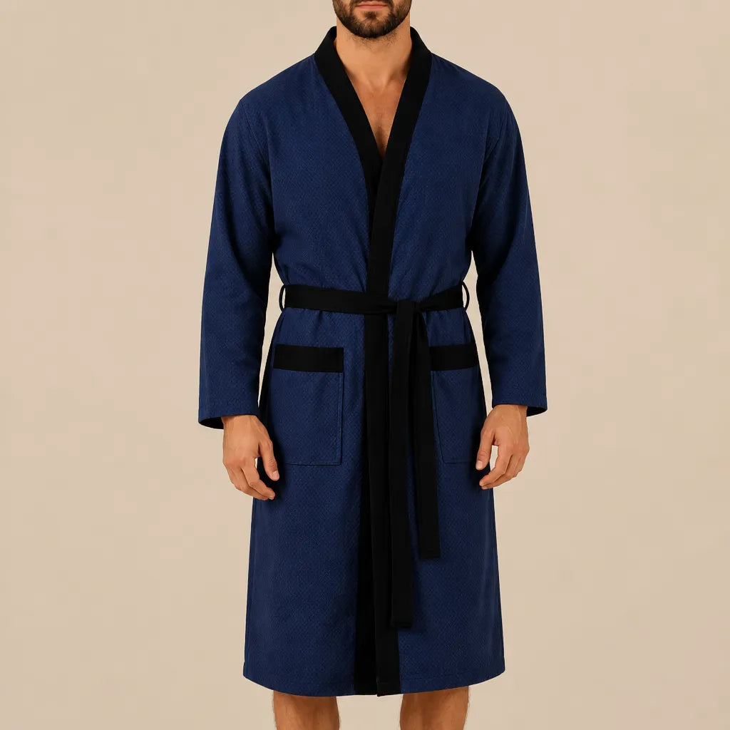 La boutique du peignoir Peignoir Homme Nid d'Abeille - Kimono à Bordure Noire, Bleu Marine