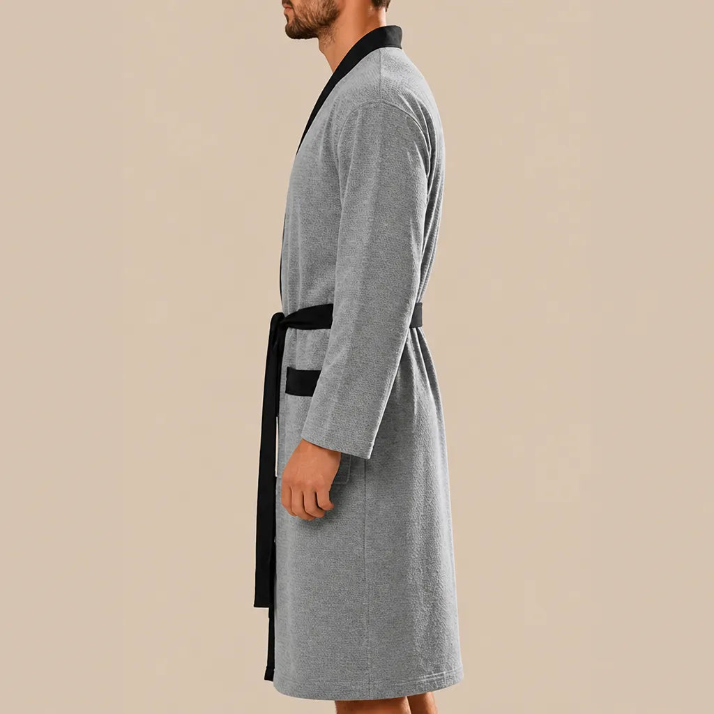 La boutique du peignoir Peignoir Homme Nid d'Abeille - Kimono à Bordure Noire, Gris Chiné