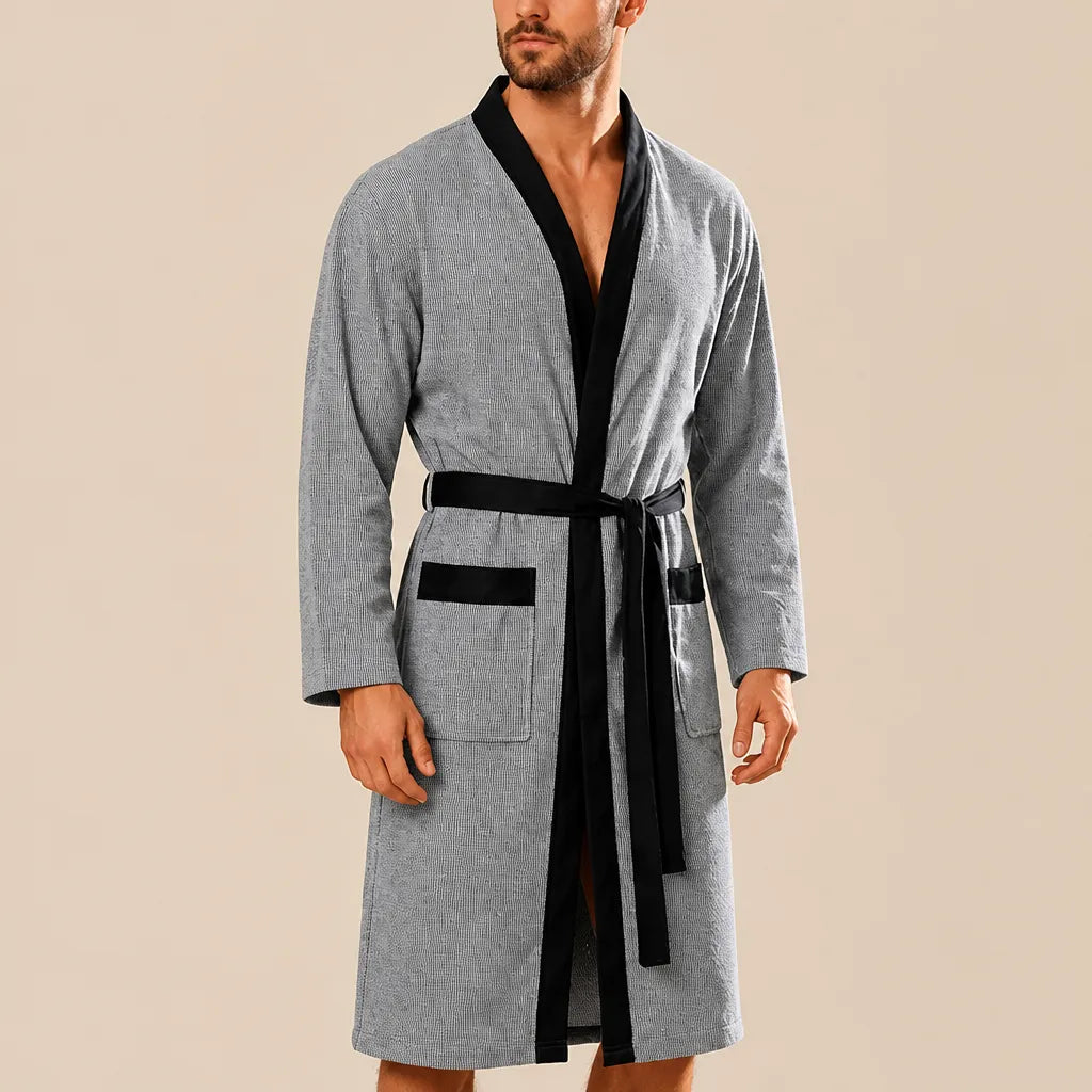 La boutique du peignoir Peignoir Homme Nid d'Abeille - Kimono à Bordure Noire, Gris Chiné