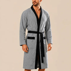 La boutique du peignoir Peignoir Homme Nid d'Abeille - Kimono à Bordure Noire, Gris Chiné