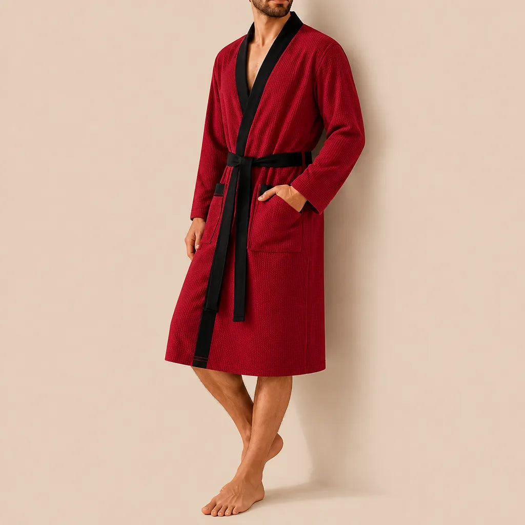 La boutique du peignoir Peignoir Homme Nid d'Abeille - Kimono à Bordure Noire, Rouge