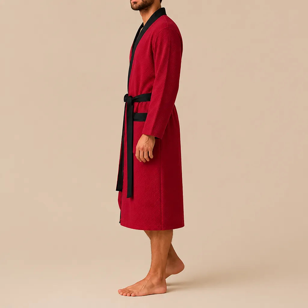 La boutique du peignoir Peignoir Homme Nid d'Abeille - Kimono à Bordure Noire, Rouge