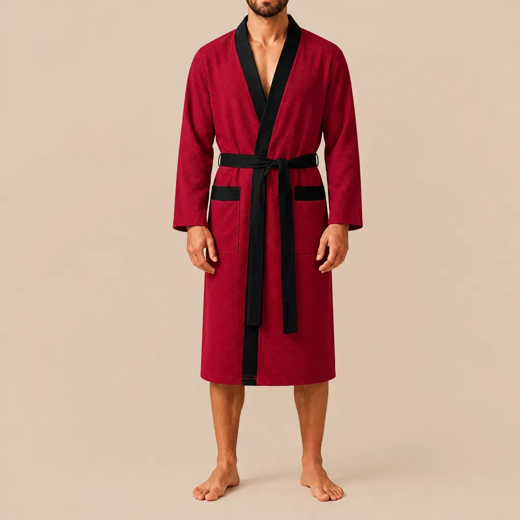 La boutique du peignoir Peignoir Homme Nid d'Abeille - Kimono à Bordure Noire, Rouge