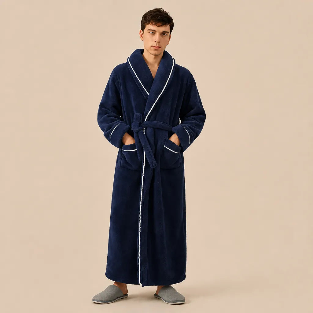 La boutique du peignoir Peignoir Homme Polaire - Long à Liseré, Bleu Marine
