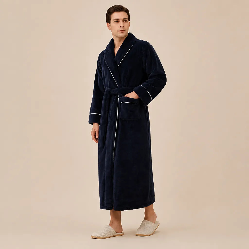 La boutique du peignoir Peignoir Homme Polaire - Long à Liseré, Bleu Nuit