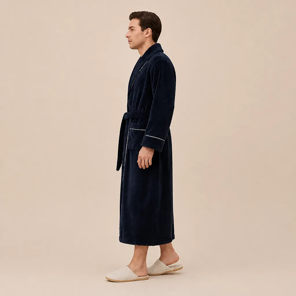 La boutique du peignoir Peignoir Homme Polaire - Long à Liseré, Bleu Nuit
