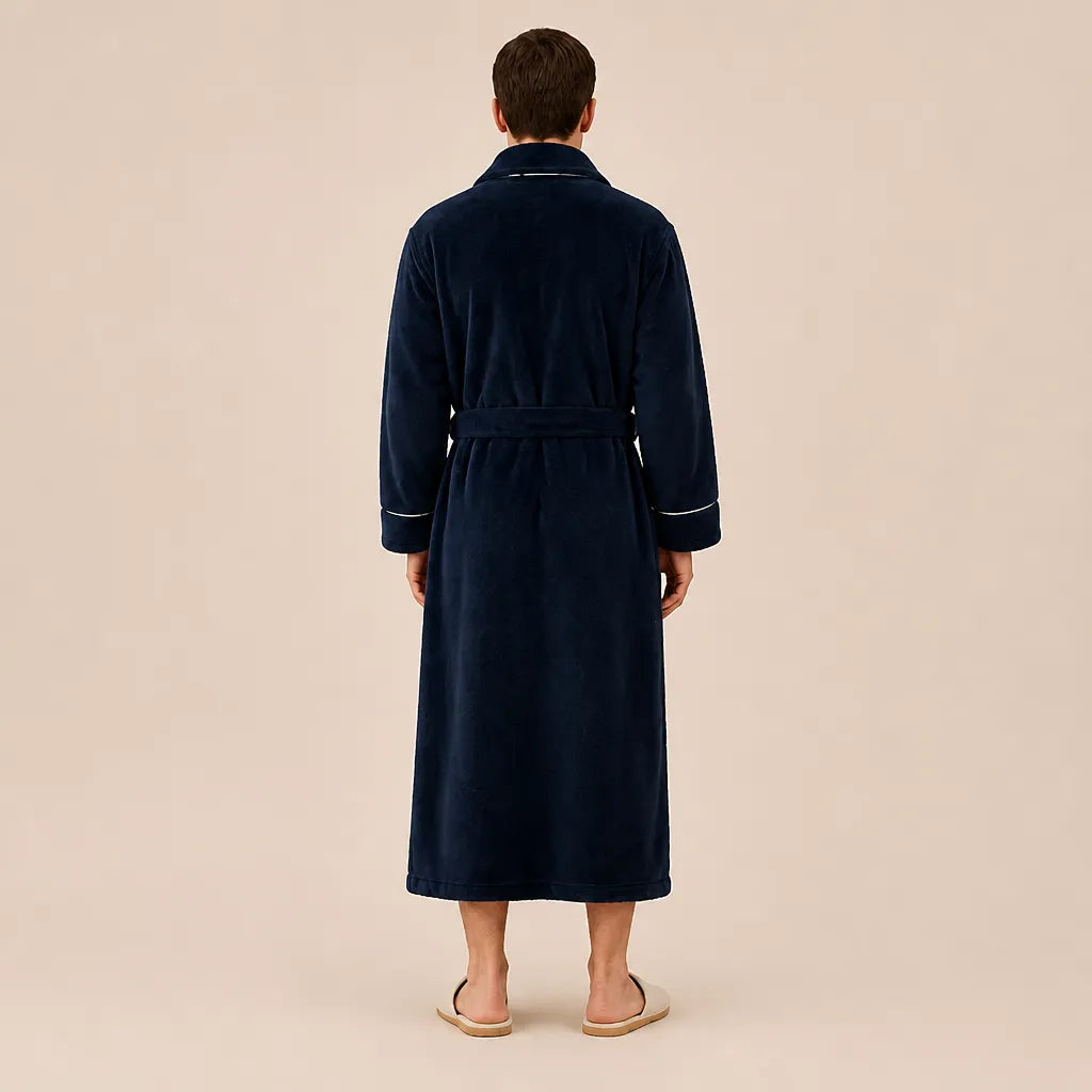 La boutique du peignoir Peignoir Homme Polaire - Long à Liseré, Bleu Nuit