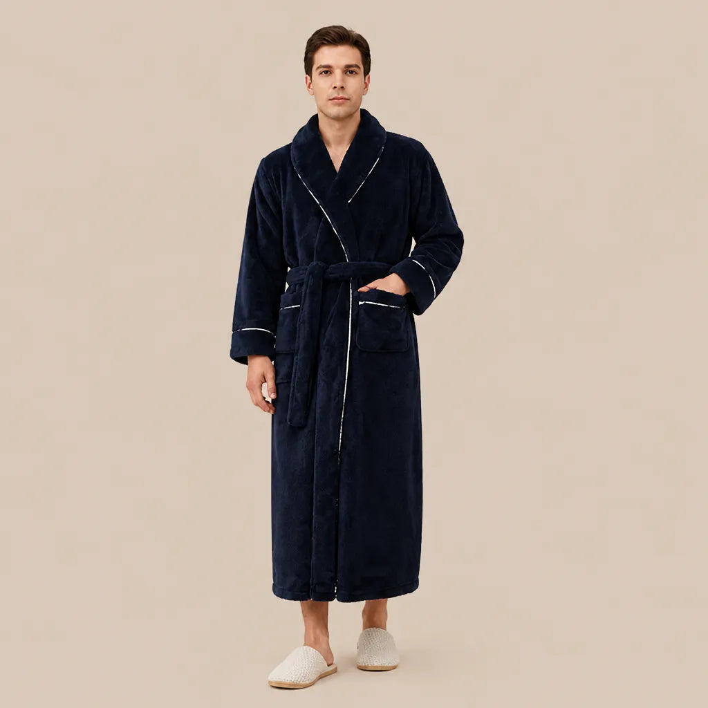 La boutique du peignoir Peignoir Homme Polaire - Long à Liseré, Bleu Nuit