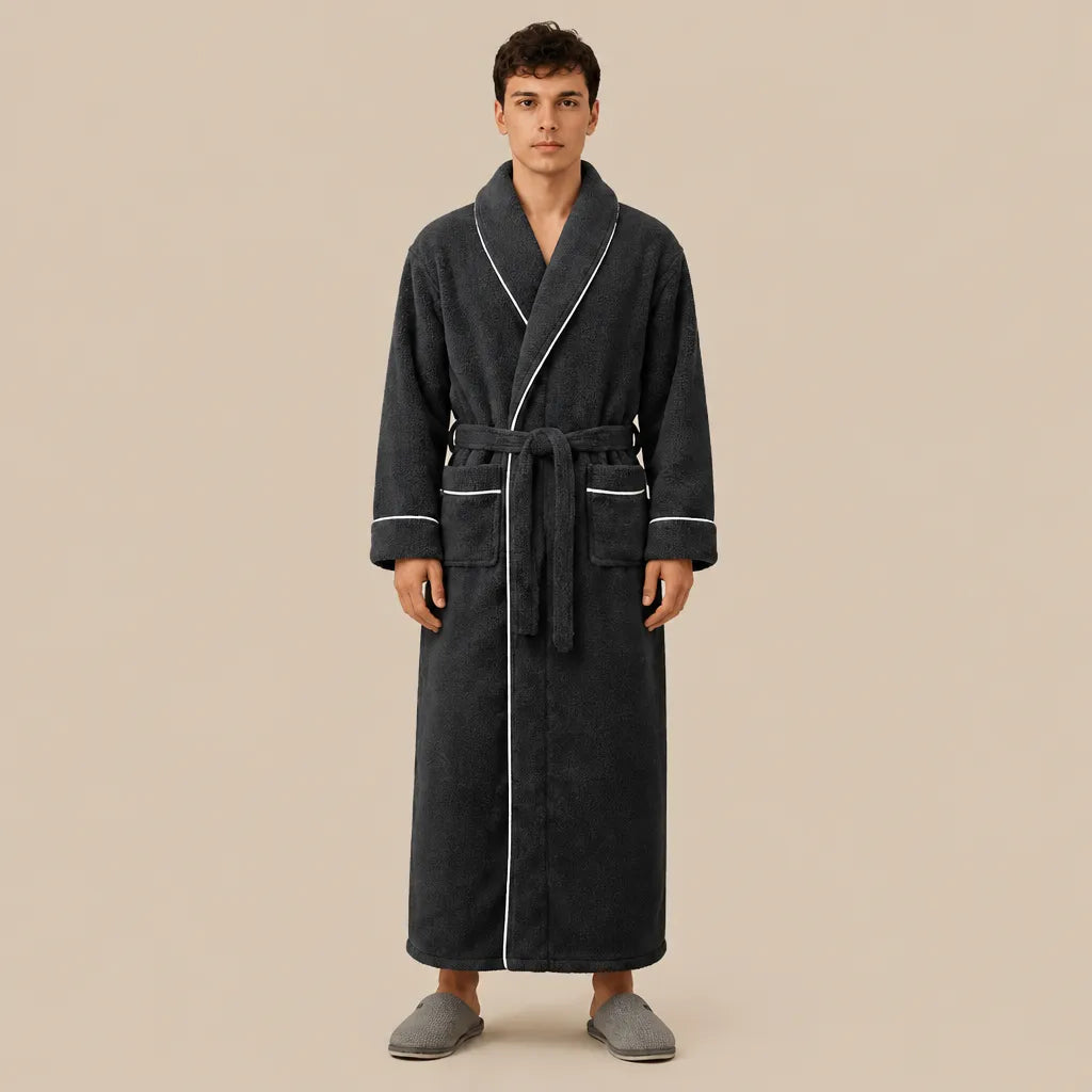 La boutique du peignoir Peignoir Homme Polaire - Long à Liseré, Gris Anthracite