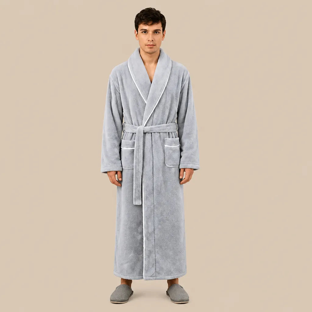 La boutique du peignoir Peignoir Homme Polaire - Long à Liseré, Gris Clair