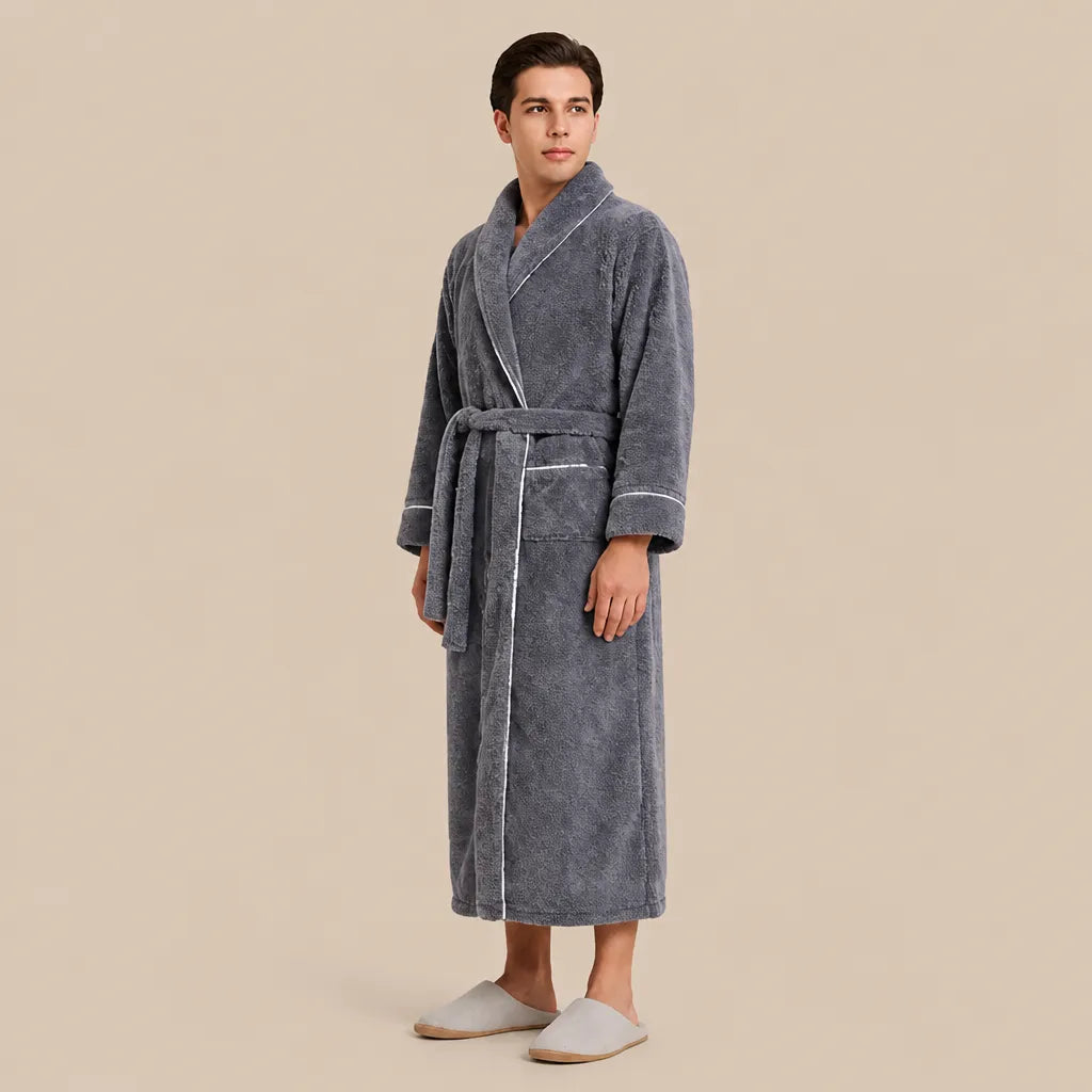 La boutique du peignoir Peignoir Homme Polaire - Long à Liseré, Gris Mauve