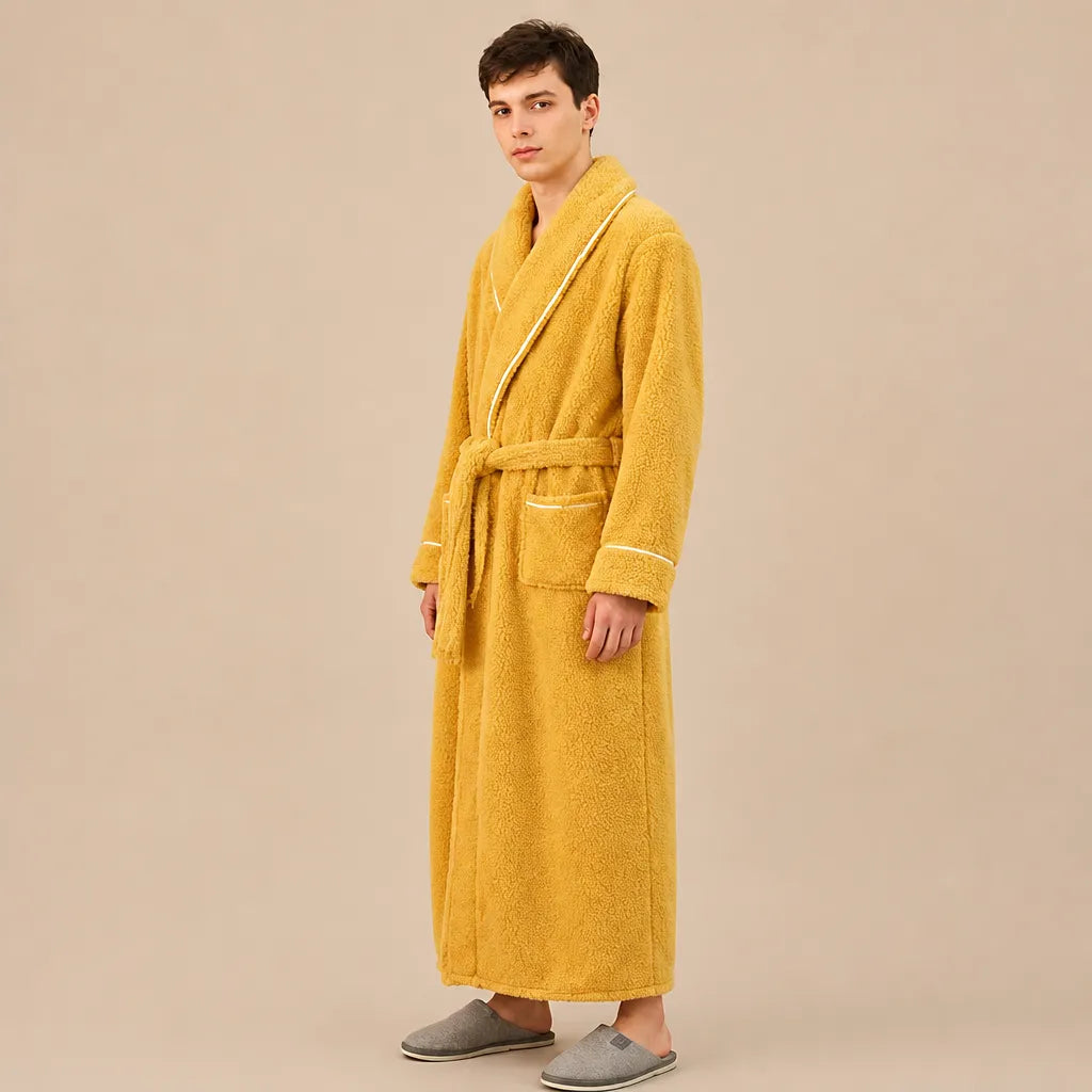 La boutique du peignoir Peignoir Homme Polaire - Long à Liseré, Jaune Moutarde