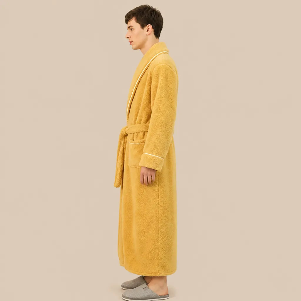 La boutique du peignoir Peignoir Homme Polaire - Long à Liseré, Jaune Moutarde