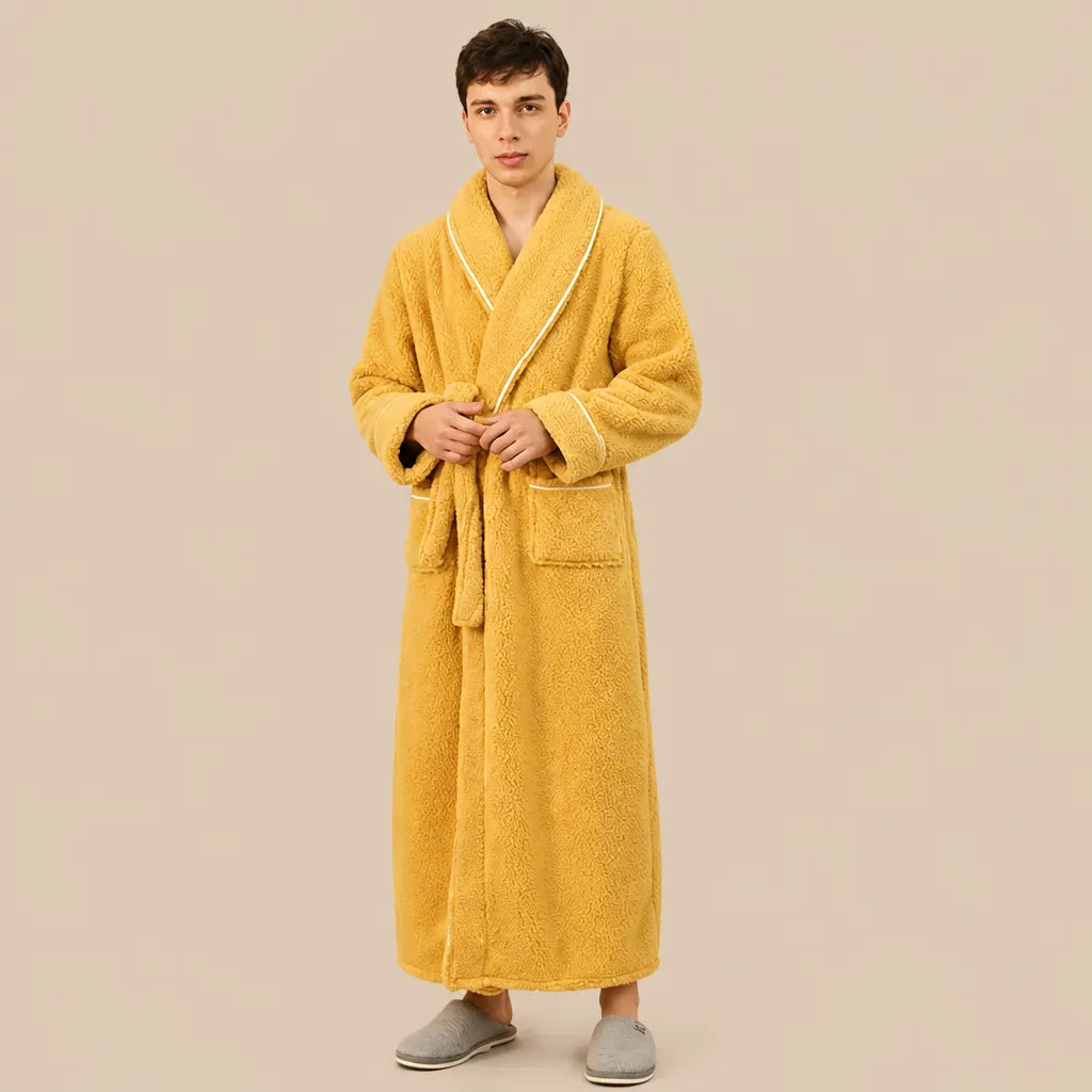La boutique du peignoir Peignoir Homme Polaire - Long à Liseré, Jaune Moutarde