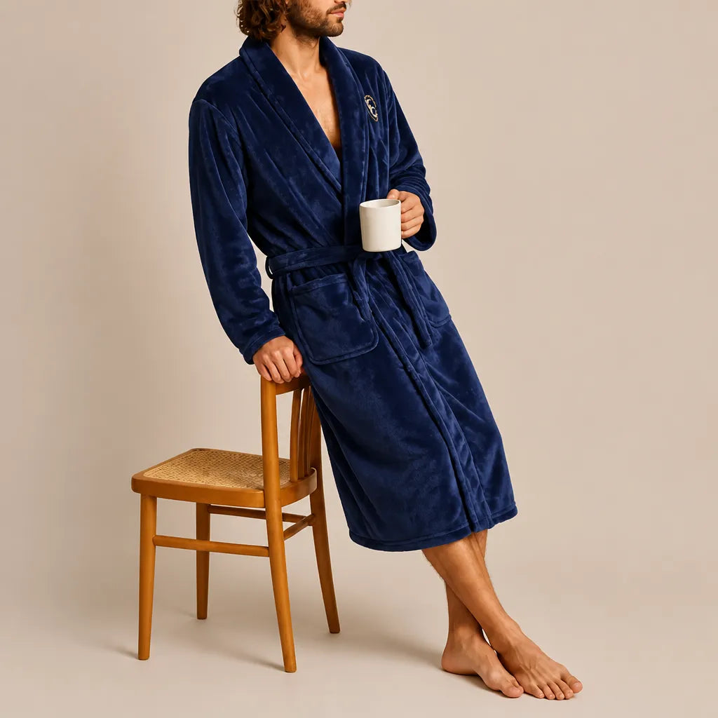 La boutique du peignoir Peignoir Homme Polaire - Mi-Long, Bleu Marine à Écusson