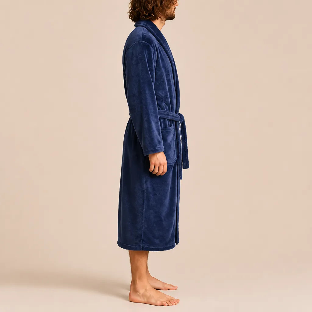 La boutique du peignoir Peignoir Homme Polaire - Mi-Long, Bleu Marine à Écusson