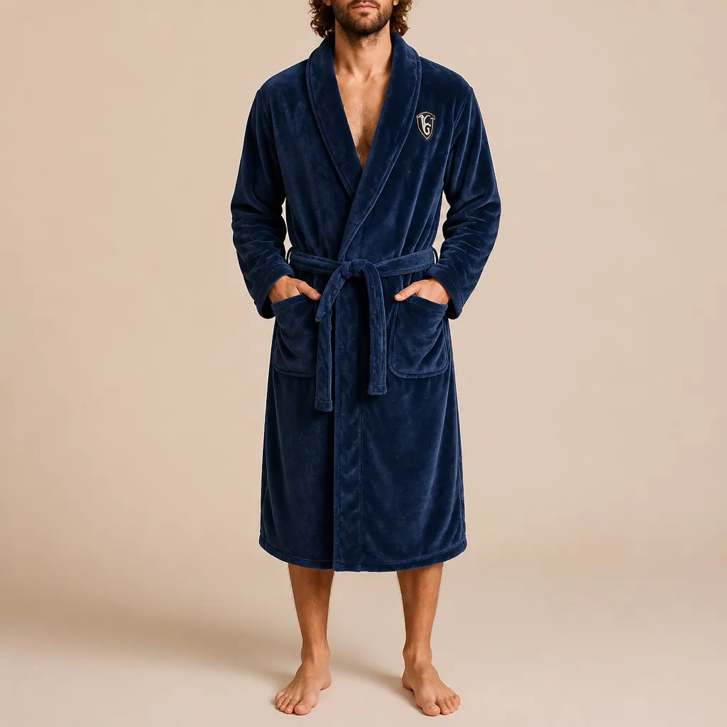 La boutique du peignoir Peignoir Homme Polaire - Mi-Long, Bleu Marine à Écusson