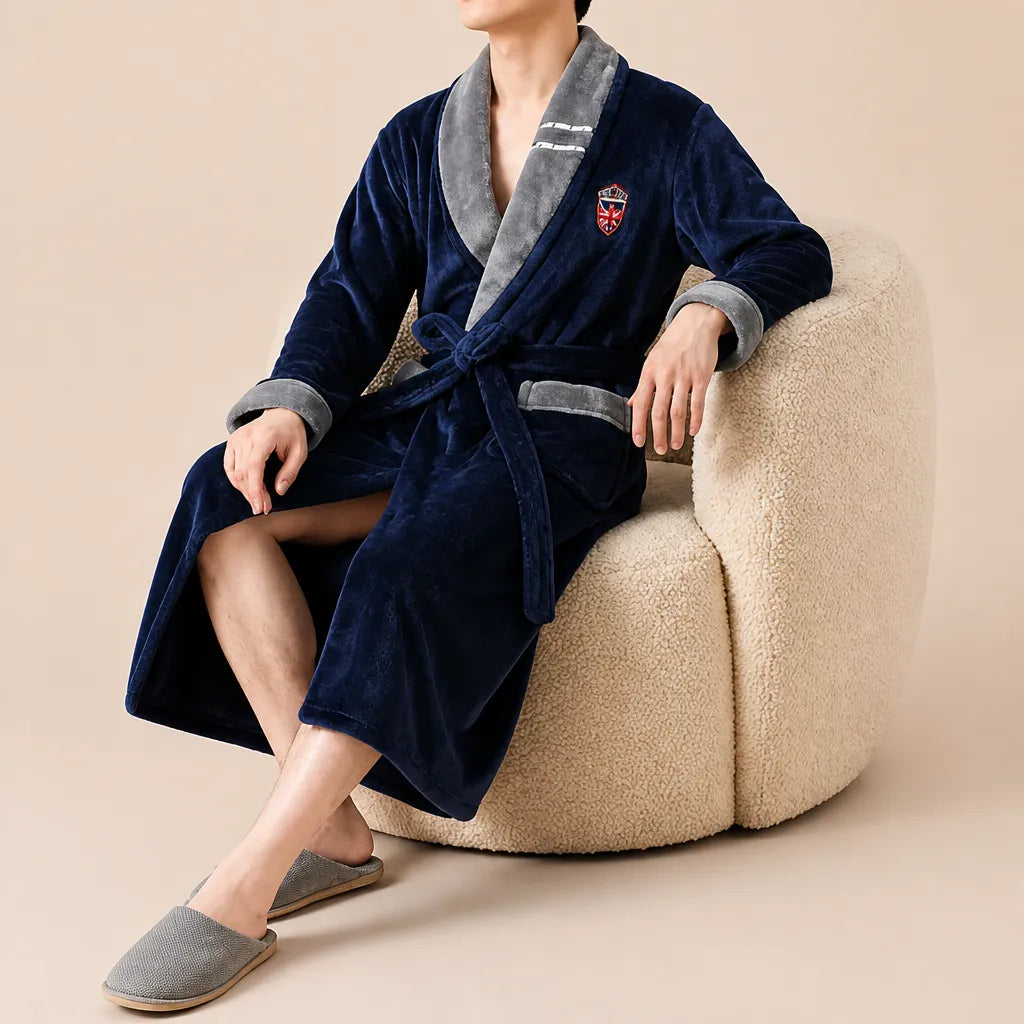 La boutique du peignoir Peignoir Homme Polaire - Mi-Long, Bleu Marine Col Gris