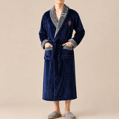 La boutique du peignoir Peignoir Homme Polaire - Mi-Long, Bleu Marine Col Gris